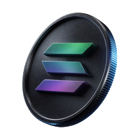 Solana-Logo: dunkle M&uuml;nze mit gr&uuml;n-violettem Farbverlauf-Symbol f&uuml;r schnelle SOL-Transfers