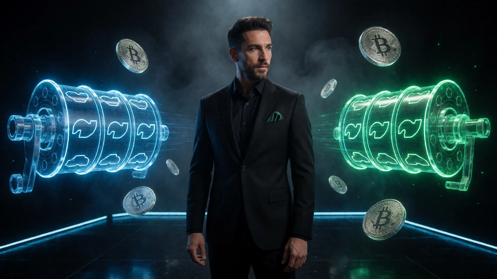 Mann im eleganten Anzug vor holographischen Slot-Walzen mit Neon-Akzenten im Jack Casino