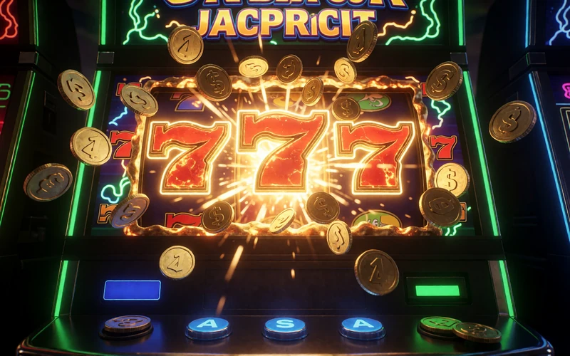 Progressiver Jackpot-Slot mit explodierenden Goldm&uuml;nzen und leuchtenden Siebenen
