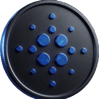 Cardano-Logo: dunkle M&uuml;nze mit blauem Punkte-Symbol f&uuml;r ADA-Transaktionen