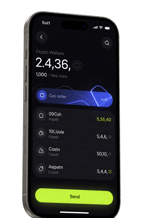 Smartphone mit Wallet-2.0-Oberfl&auml;che: Guthaben, Coin-Liste und neongr&uuml;ner Senden-Button