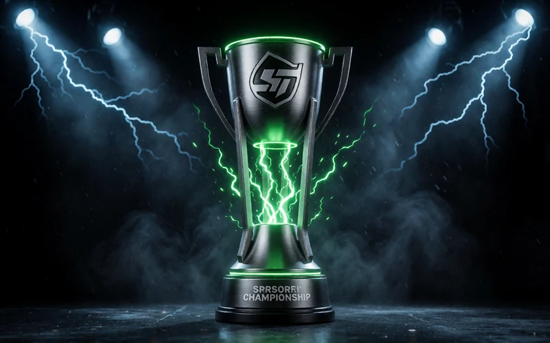 CS2-Championship-Pokal mit gr&uuml;nem Neon-Kern unter blauen Scheinwerfern im Esports-Wettangebot