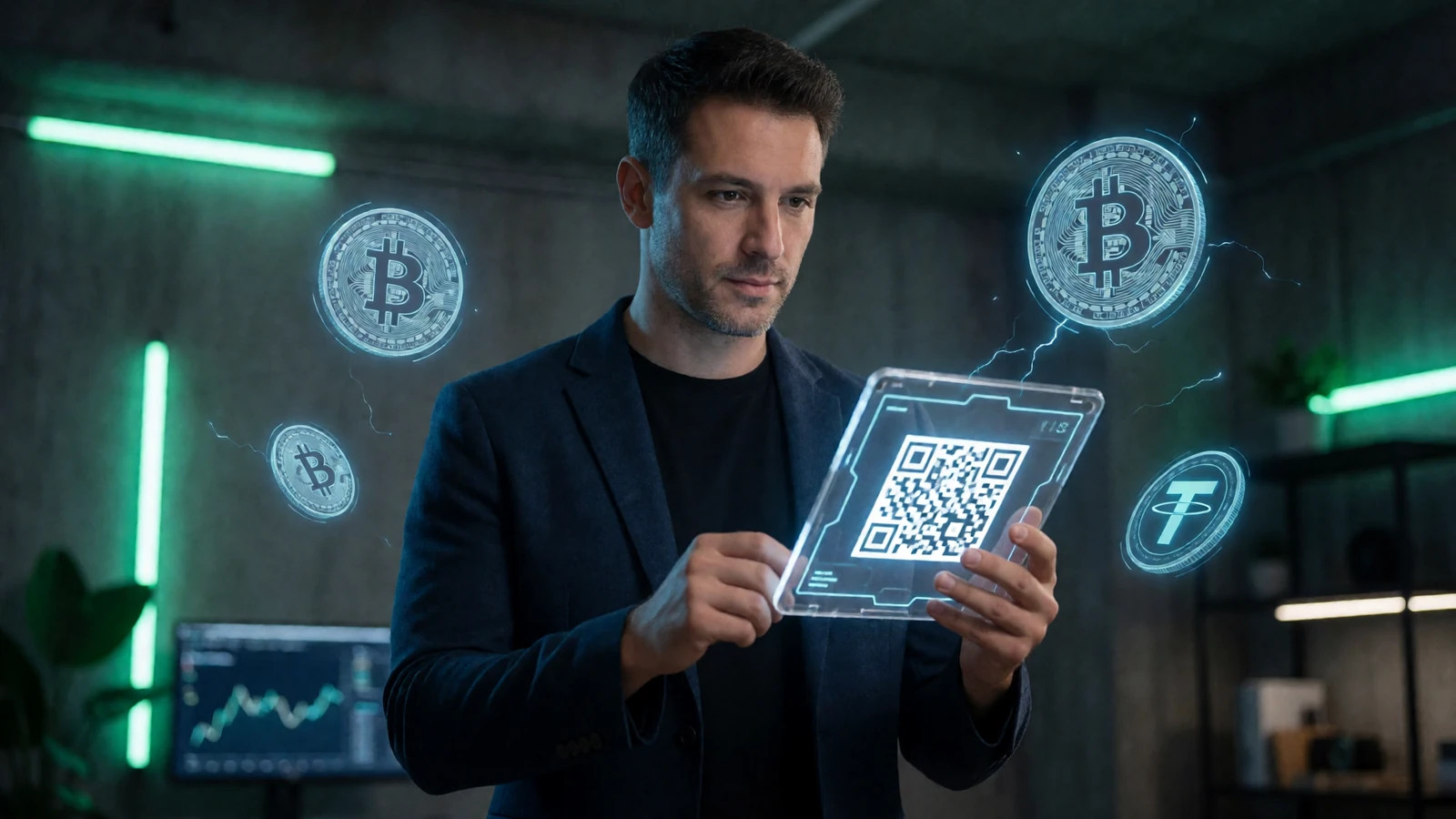 Mann in smart-casual Blazer scannt Krypto-QR-Code auf transparentem Tablet f&uuml;r eine Bitcoin Casino Einzahlung
