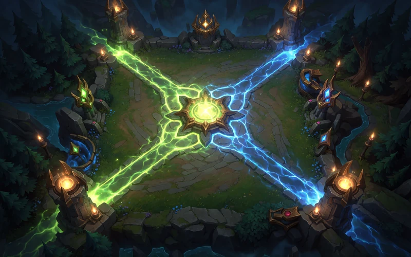 Leuchtende Dota-2-Arenakarte von oben mit drei Bahnen und zwei Basen im Esports-Bereich von Jack Casino