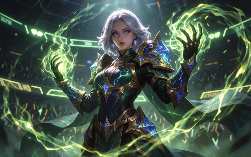 Fantasy-Magierin mit blauer Arkan-Energie auf einer Esports-Arena-B&uuml;hne bei den League-of-Legends-Wetten