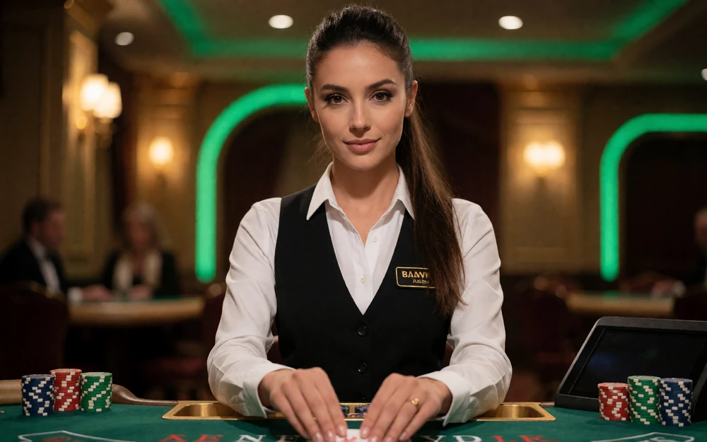 Elegante Live-Dealerin am Blackjack-Tisch im Live Casino Studio von Jack Casino